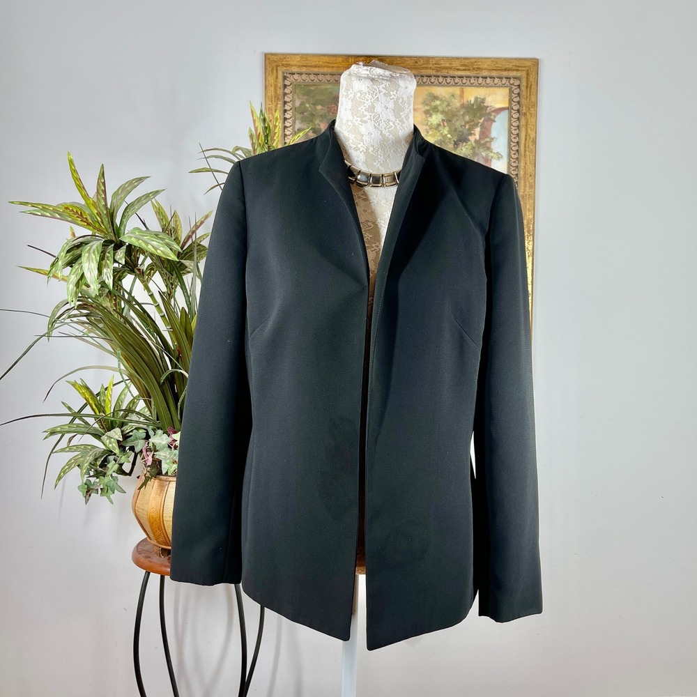 Le Suit Blazer Women 10 Black Polyester Stand Collar Open Front Career Jacket